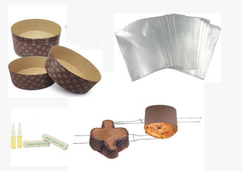 KIT  10 FORME PANETTONE STAMPO DI CARTA DA 1000 GR + 1 SPILLONE ACCIAIO 50 CM + 2 AROMA + 10 BUSTE