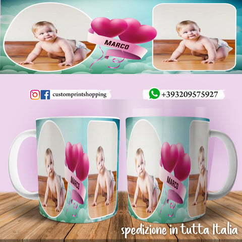 TAZZA CUORI PERSONALIZZATA CON FOTO E NOME
