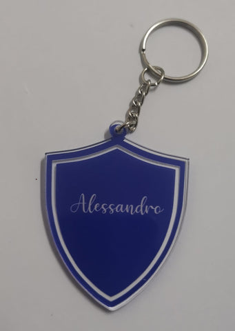 CALAMITA O PORTACHIAVI A FORMA DI SCUDETTO IN PLEXIGLASS PERSONALIZZATO CON NOME