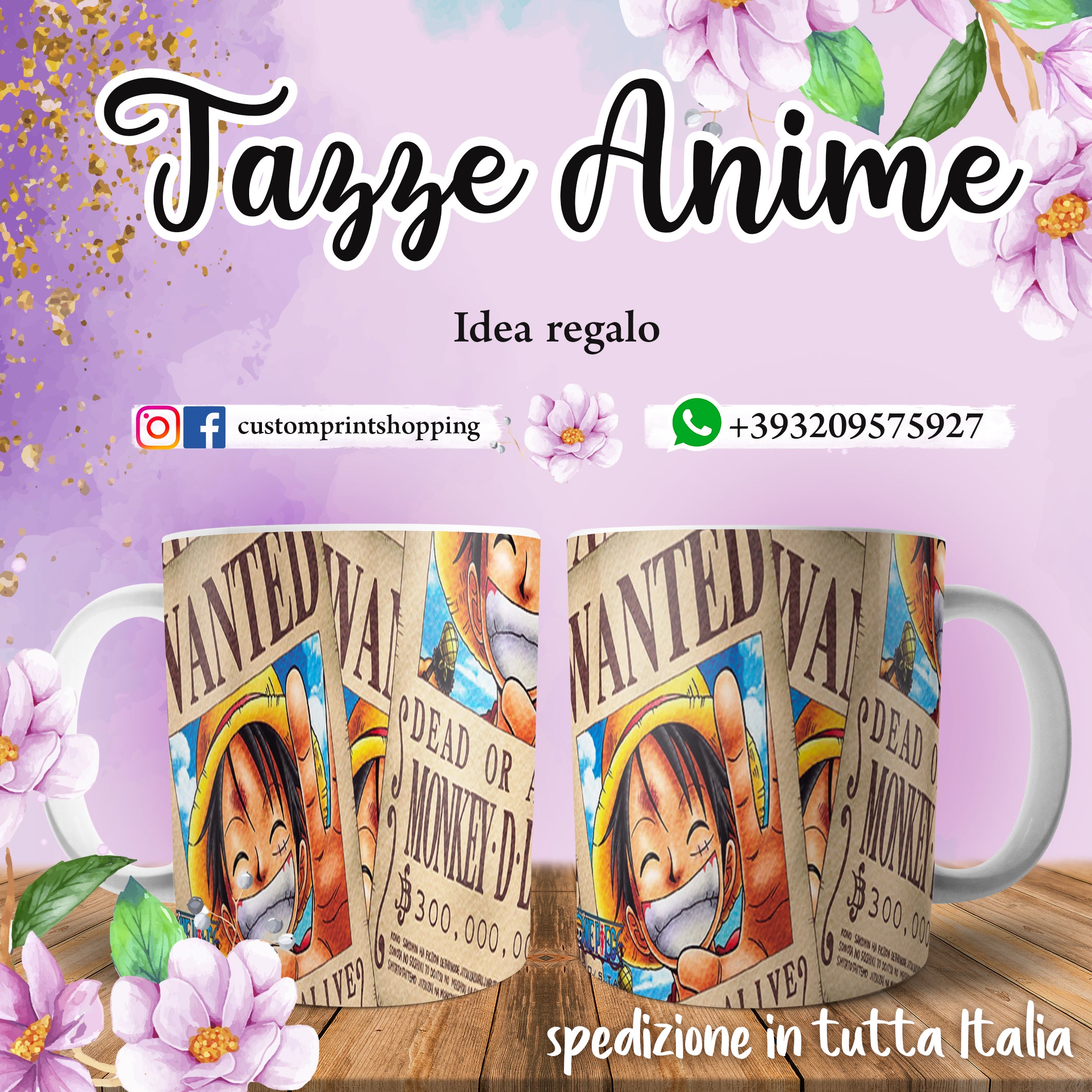 Tazza wanted ricercato ufficiale di one piece luffy rufy rubber