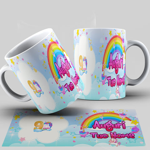 TAZZA UNICORNO COMPLEANNO 9 ANNI PERSONALIZZATA CON NOME MOD.2