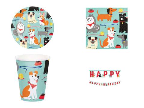 KIT FESTA A TEMA DOG PARTY 8 BAMBINI CON FESTONE HAPPY BIRTHDAY